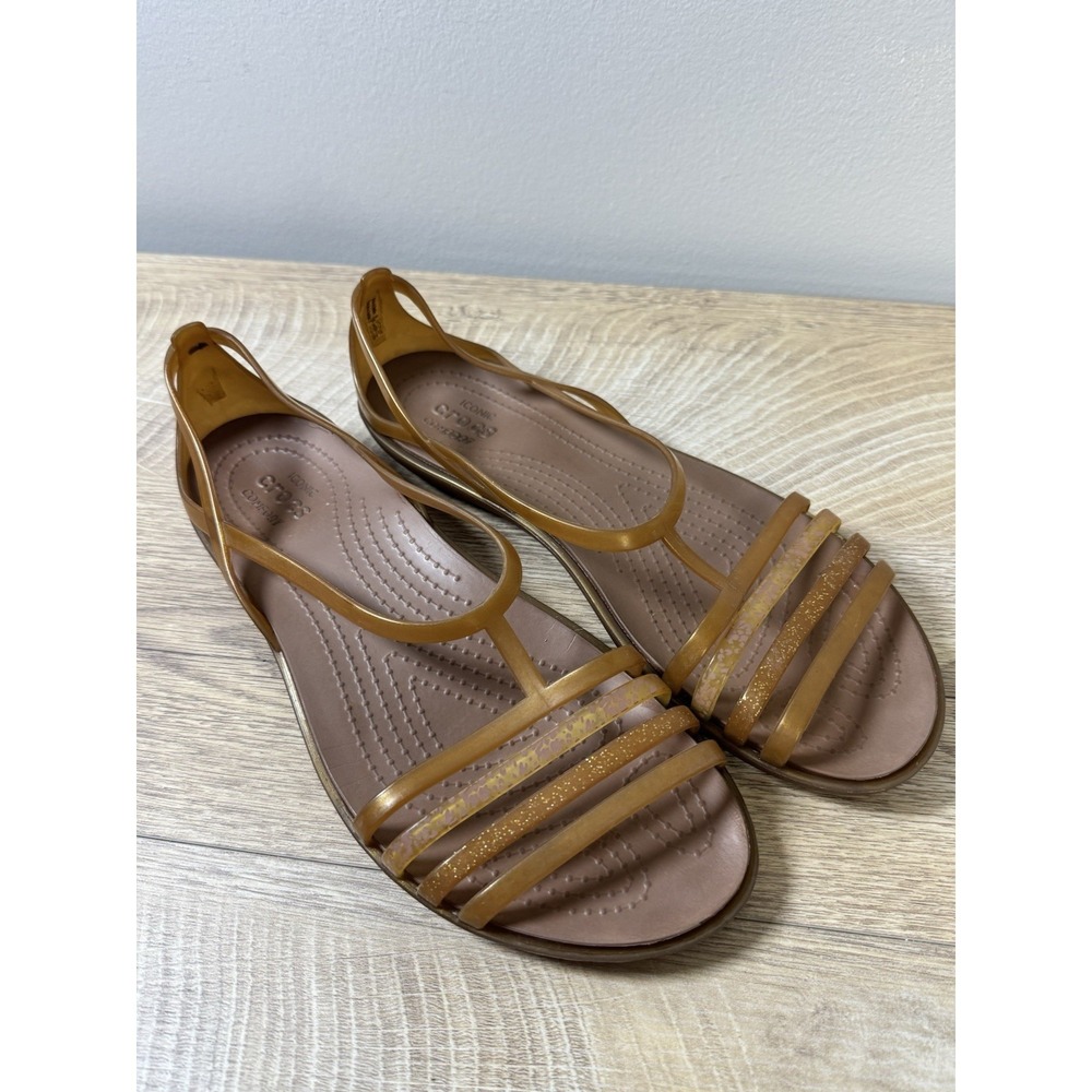 Crocs Womens Isabella Sandals 8 Bronze Gold Strappy Flat Jelly Slingback Shoes - Picture 1 of 8